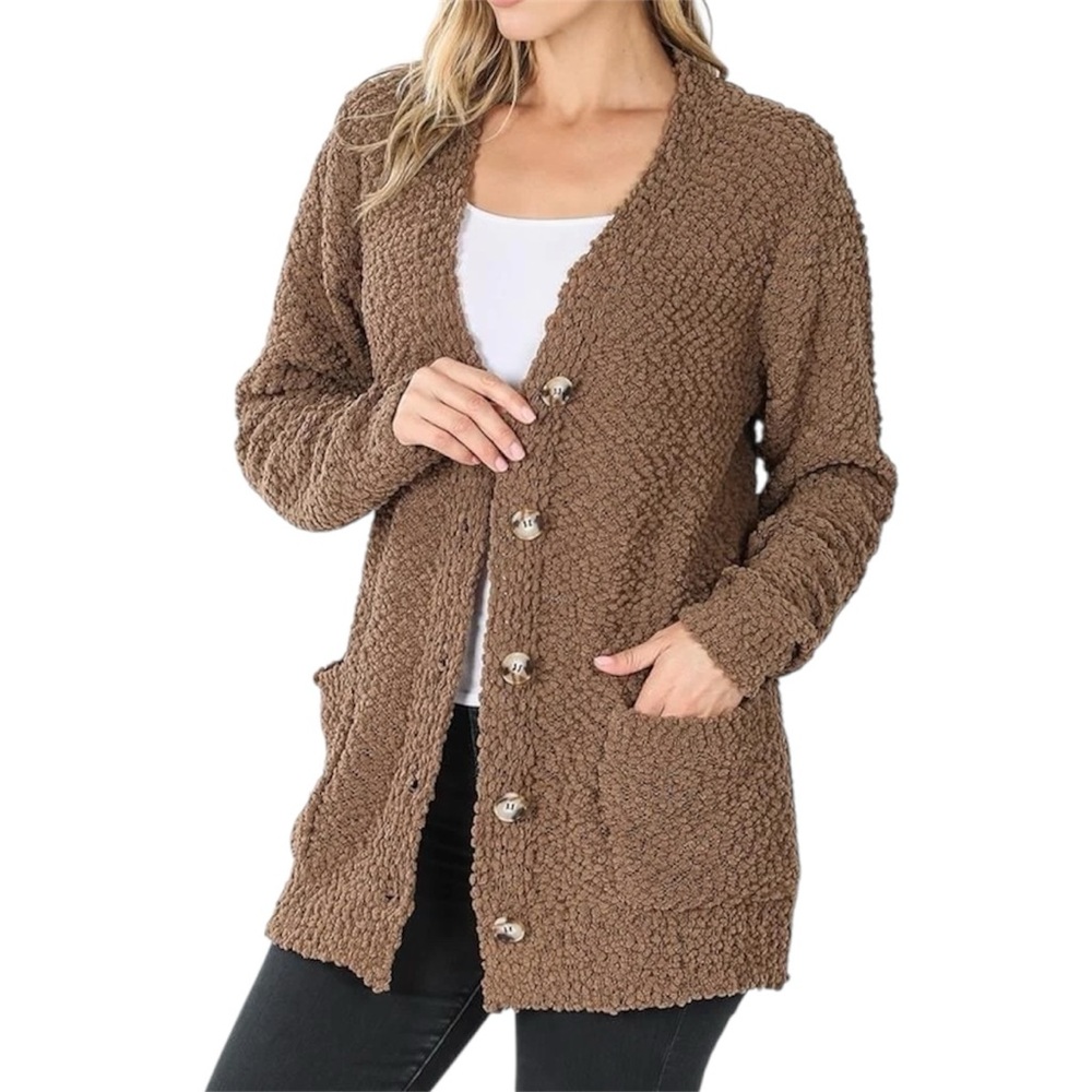 ZENANA OUTFITTERS Popcorn Teddy Button Cardigan Mocha Brown Size M Minimalist